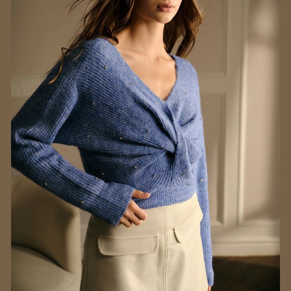 Blue Ribbed Knit Sparkle Twist Front V Neck Sweater